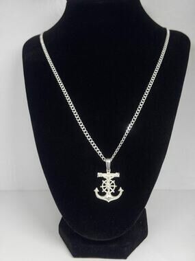 Sterling Silver Anchor Crucifix Pendant Necklace 24 Inch Curb Chain 11g